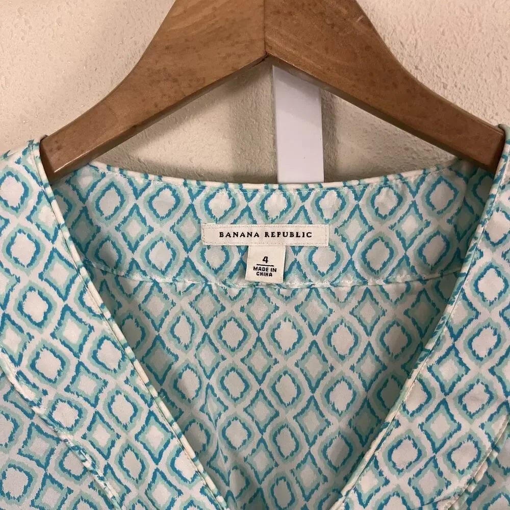 Banana Republic Silk Blouse Women’s 4 Geometric Print Puff Sleeve 2008 2000s